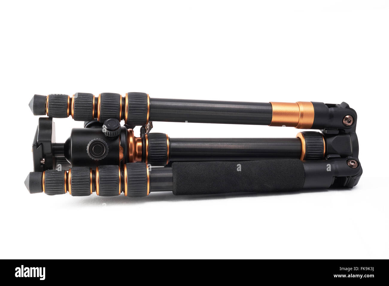 Seitenansicht eines gefalteten Reise Stativ, gefertigt aus Carbon mit Twist-Lock-system Stockfoto