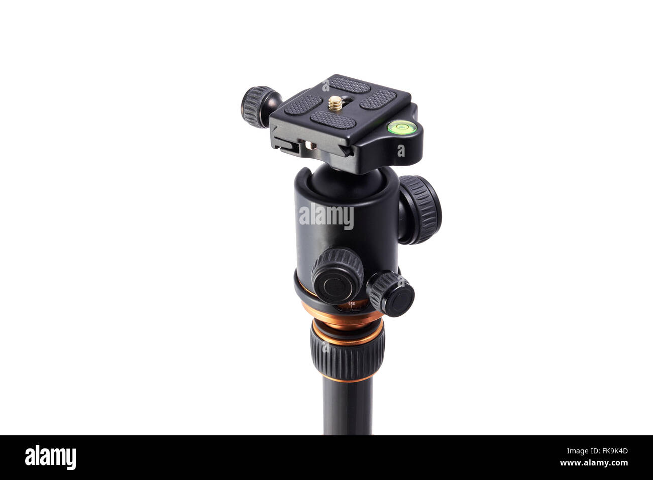 Schweizer System-Kugelkopf mit Libelle auf einem Stativ gemacht aus Kohlefaser Stockfoto