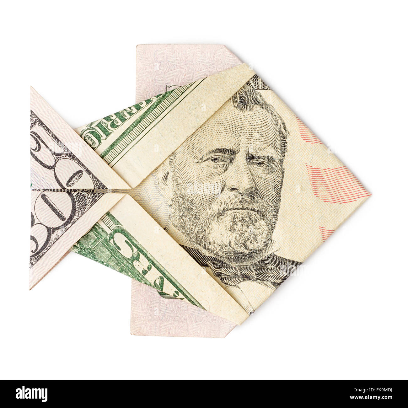 Fünfzig Dollar Origami Fisch isolierten auf weißen Hintergrund. Moneygami. Fette Beute. Stockfoto