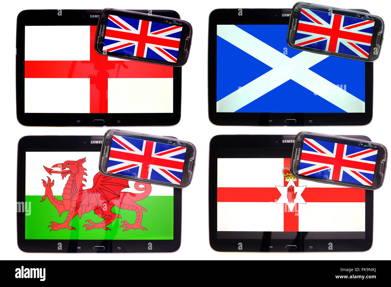 Englisch, Schottisch, Waliser und Nordirland Flaggen auf Tabletten mit Union Jack-Flaggen auf Smartphones vor einem weißen Hintergrund. Stockfoto