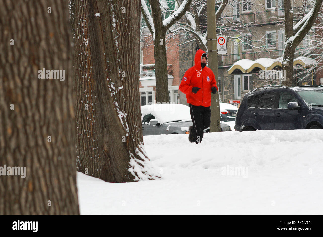 Montreal, Quebec, Kanada. 7. März 2016. Kanada Wetter: Ein Mann, zum Joggen während die Elemente im Park La Fontaine in Montreal, Kanada que, März 7, Credit: Lee Brown/Alamy Live News Stockfoto