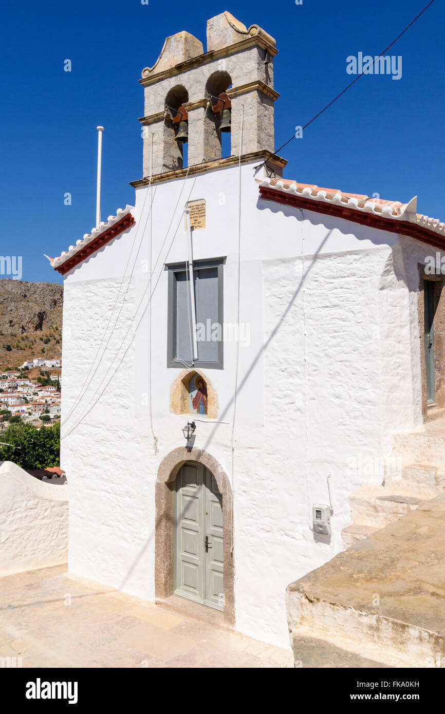 Weiß gewaschen Fassade einer alten Kirche Hydra-Insel, Griechenland Stockfoto