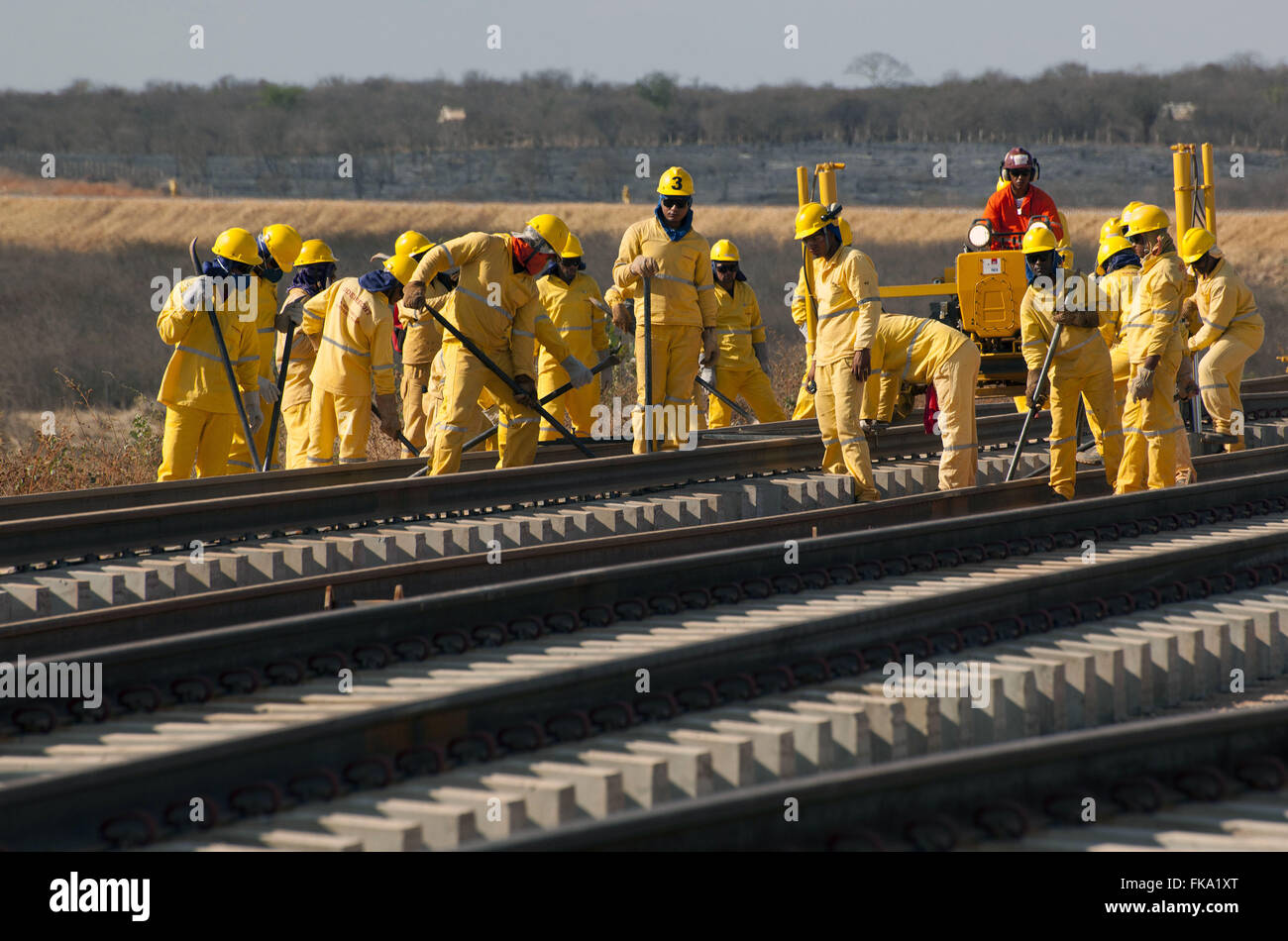 Arbeiter beschäftigt bei der Platzierung der Schienen der Eisenbahn Transnordestina Stockfoto