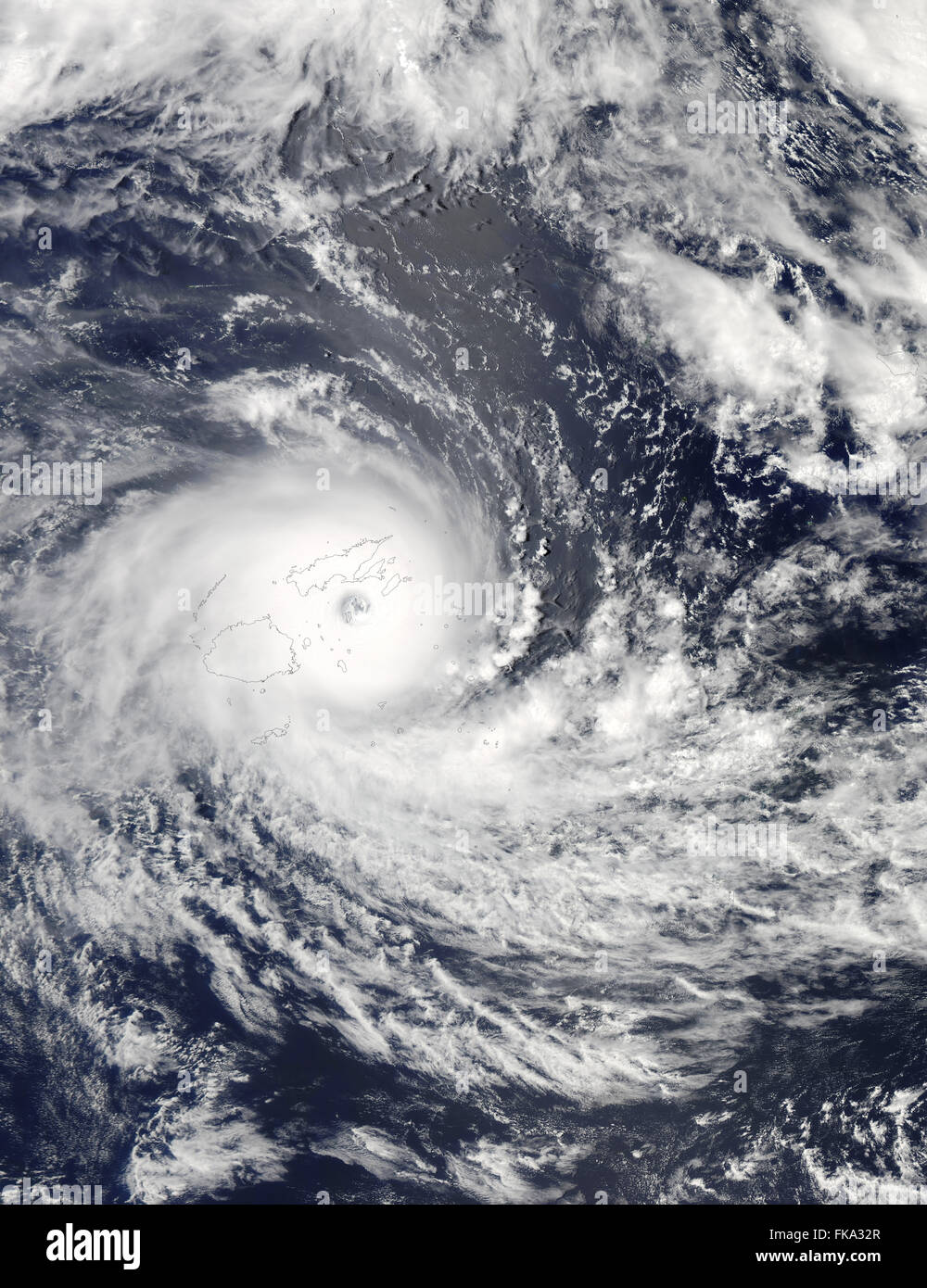 Satelliten-Bild, Kategorie 5 tropischer Wirbelsturm Winston, Fidschi-Inseln, Süd-Pazifik, 20. Februar 2016 Stockfoto