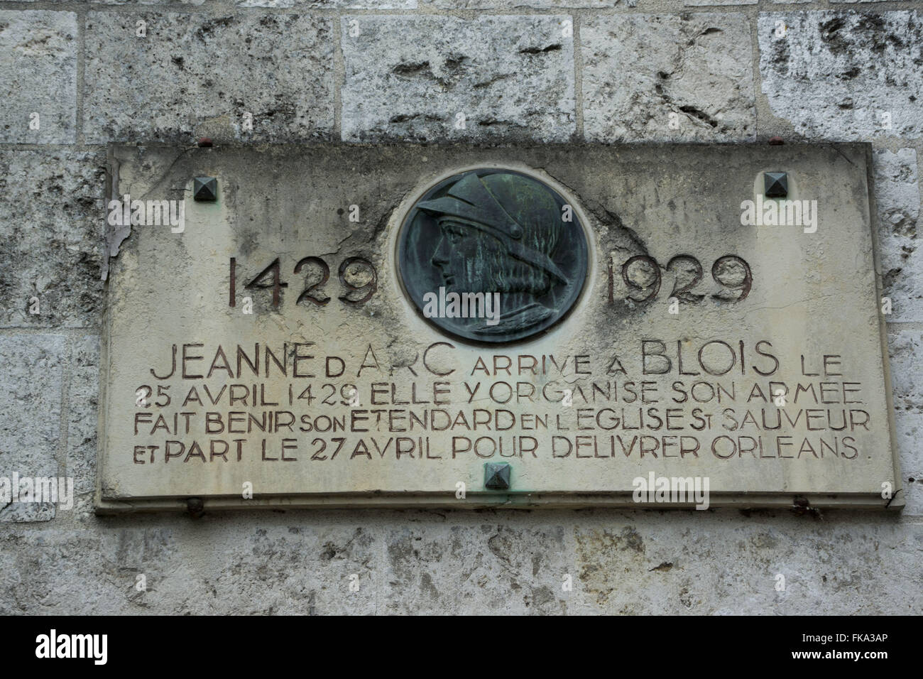 Gedenktafel zu Ehren von Jeanne Darc - Joan of Arc - Chateau Royal de Blois - königliche Schloss von Blois Stockfoto