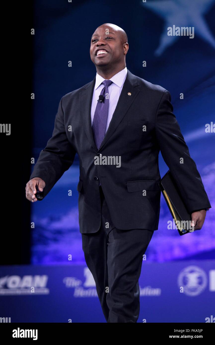 US-Senator Tim Scott von South Carolina thematisiert die Jahreskonferenz der amerikanischen Konservativen Union CPAC am National Harbor 3. März 2016 Oxon Hill, Maryland. Stockfoto