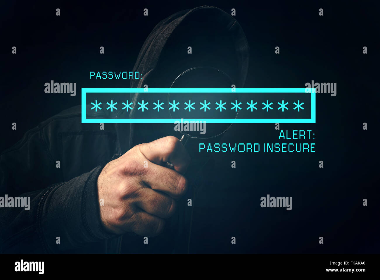 Passwort unsicher Warnung, unkenntlich Computer-Hacker stehlen persönliche Daten, Internet Cyber-Kriminalität-Konzept. Stockfoto
