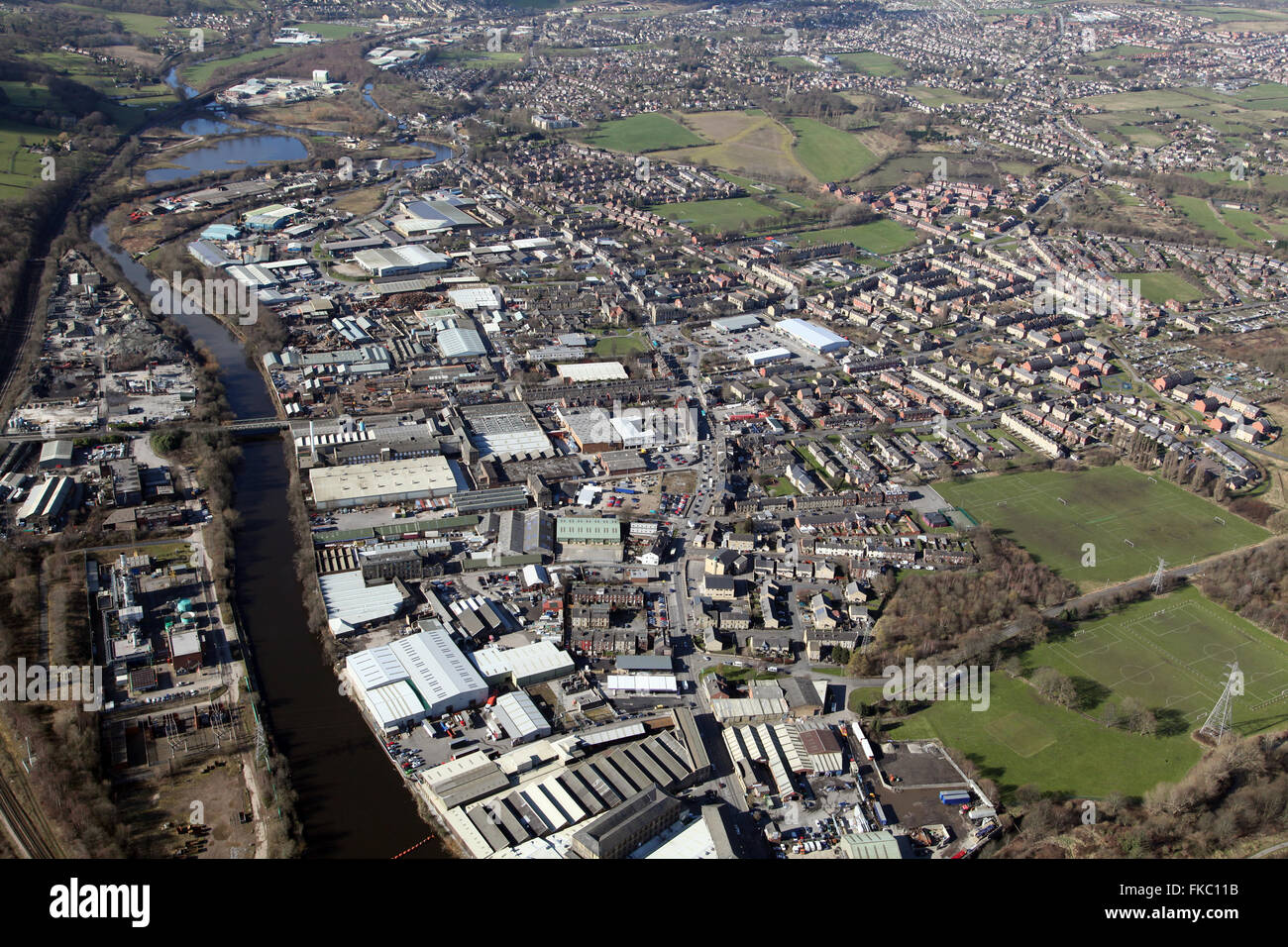 Luftaufnahme von Ravensthorpe Industrial Estate in der Nähe von Dewsbury in Yorkshire, Großbritannien Stockfoto