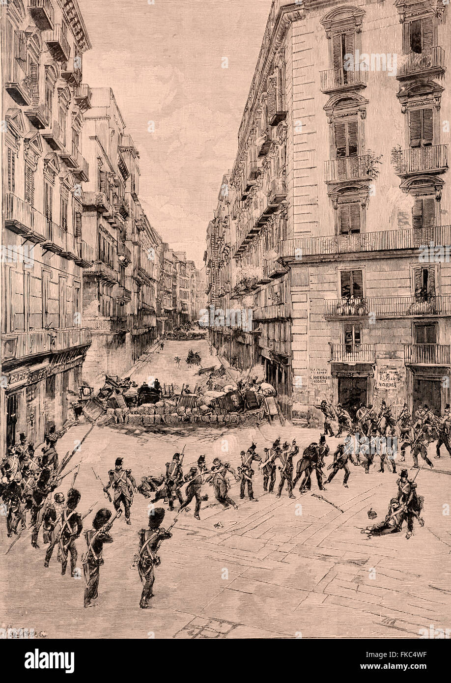 Italienischen Risorgimento 15. März 1848 nach Neapel während Abgeordnete die jüngsten Verhandlungen mit dem König versuchen der Barrikaden von ihnen in via Toledo zu steigen begann, errichtet vor Palazzo Cirella Stockfoto