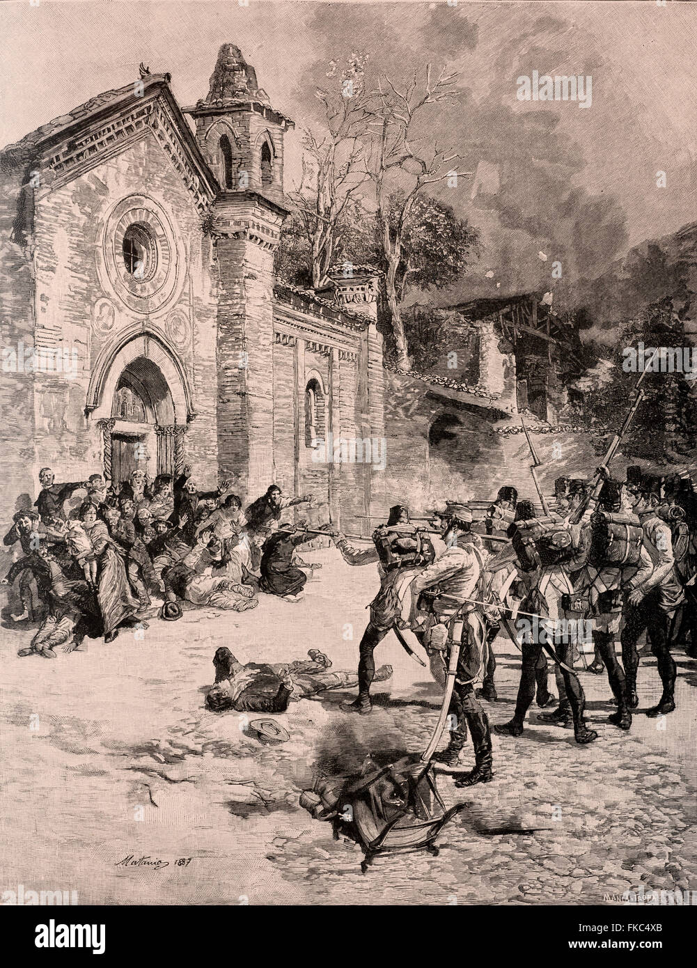 Italienischen Risorgimento 15. Mai 1848 Massaker von Castelnuovo del Garda - Castelnuovo Massaker und Deportationen von Verona Geiseln, darunter Don Antonio Oliosi Stockfoto
