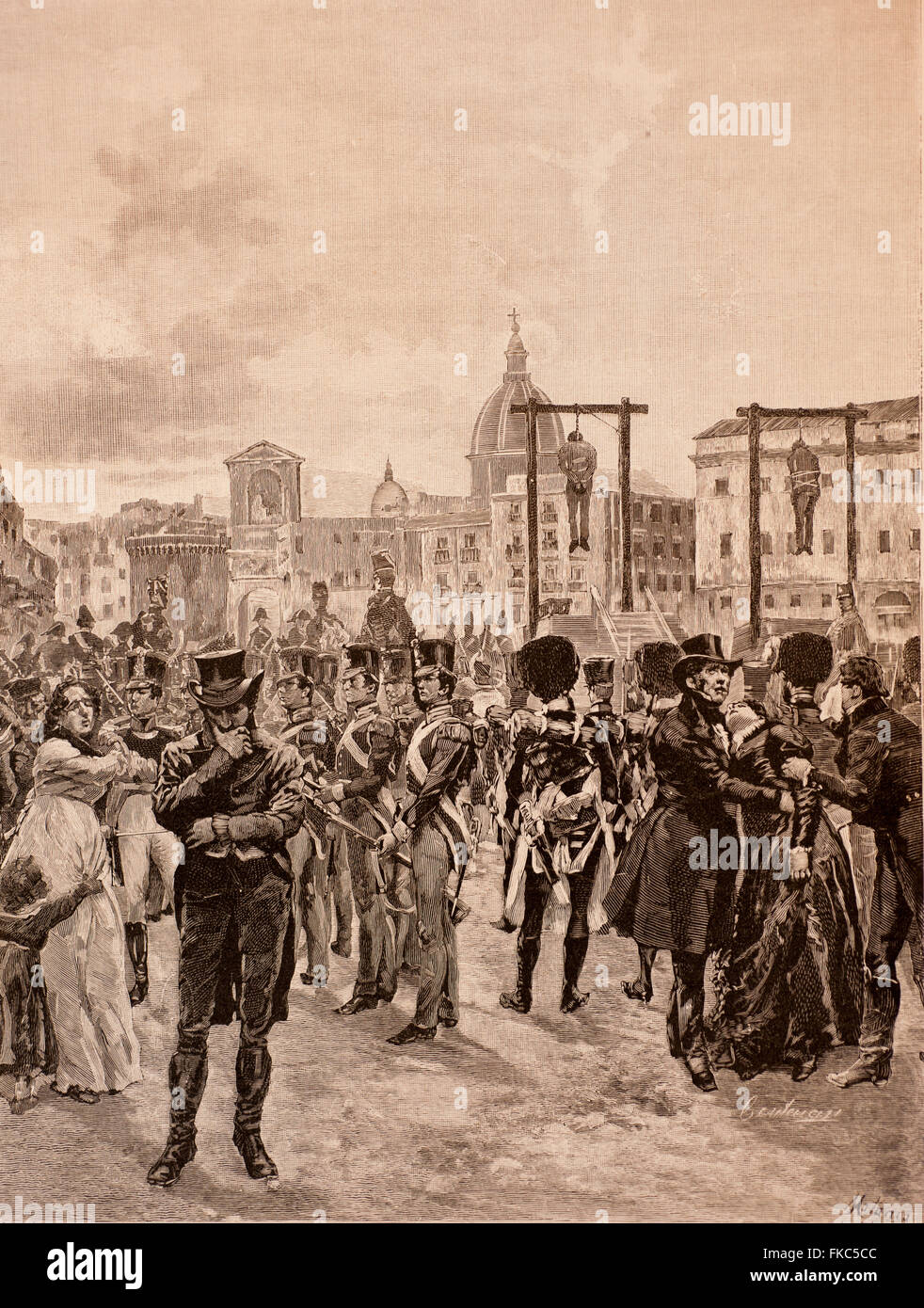 Italienischen Risorgimento Neapel 12. September 1822 - Morelli und Salvati gehängt auf Platz Porta Capuana Stockfoto