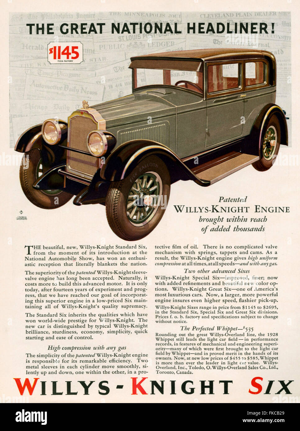 1920er Jahren USA Willys-Knight Magazin Anzeige Stockfoto