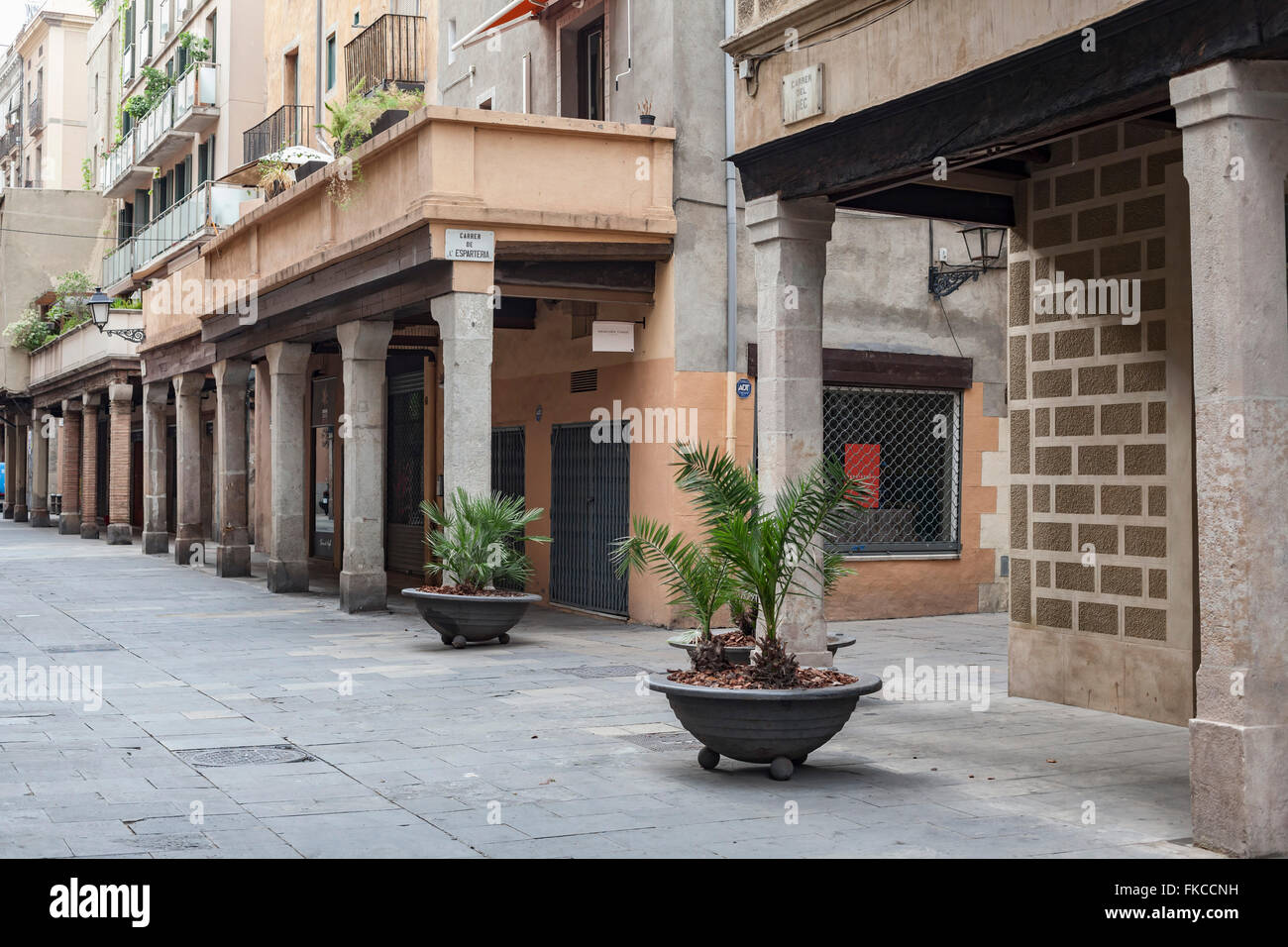 Porches Straße Rec, Barrio de El Born, Barcelona. Stockfoto