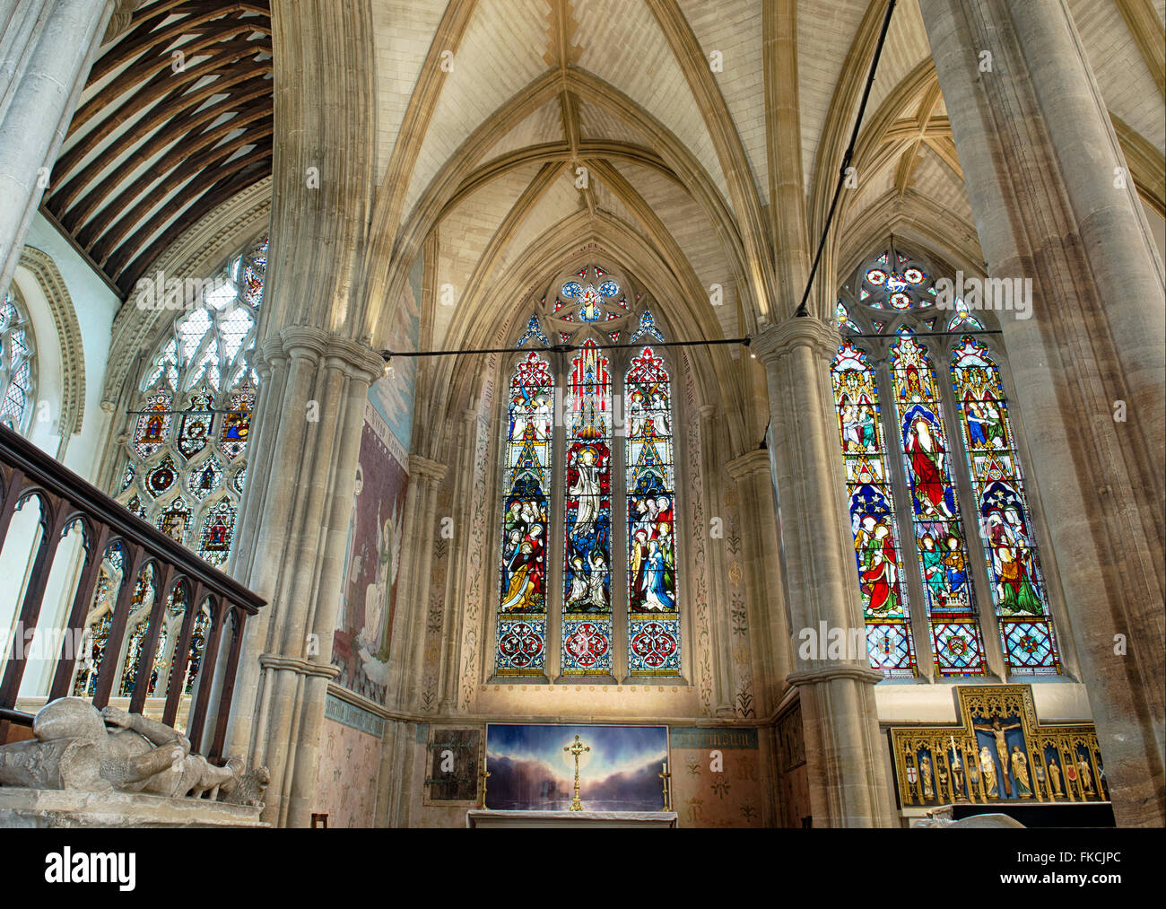 Die Marienkapelle, gebeizt Dorchester Abbey, Glasfenster und Wandgemälde. Dorchester on Thames, Oxfordshire, England Stockfoto