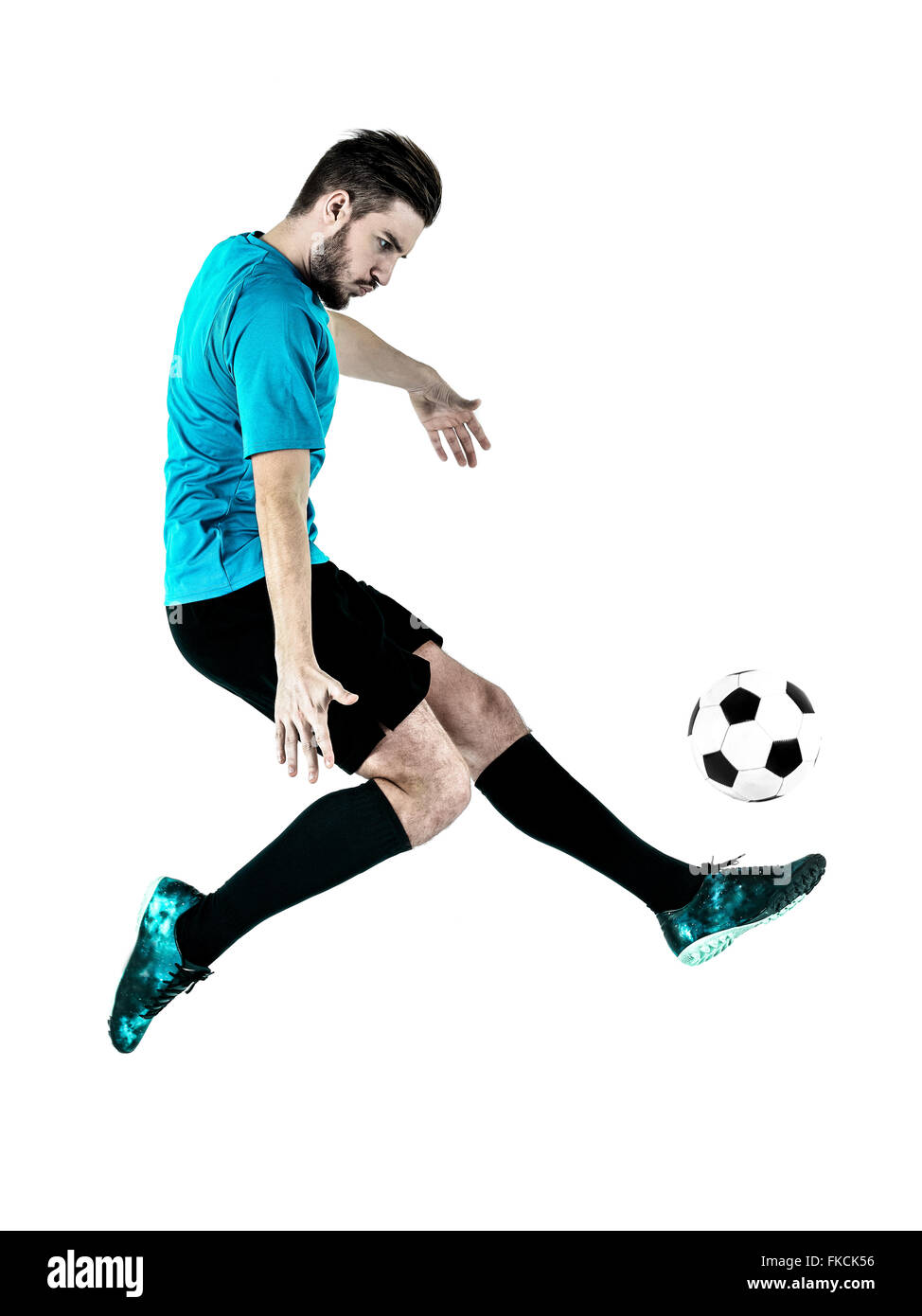 eine kaukasische Fußballspieler Mann auf weißen Hintergrund isoliert Stockfoto