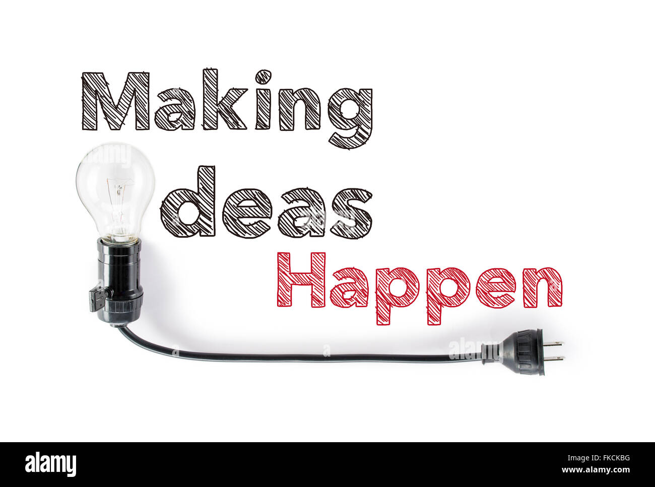 Ideen passieren Satz und Glühbirne, Handschrift, Aktion Kreativität Stockfoto