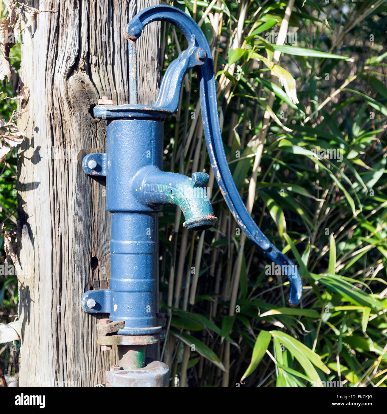alten altmodischen blau aus Gusseisen Wasserpumpe mit Griff für das Pumpen auf alten abgenutzten Holzstange Stockfoto