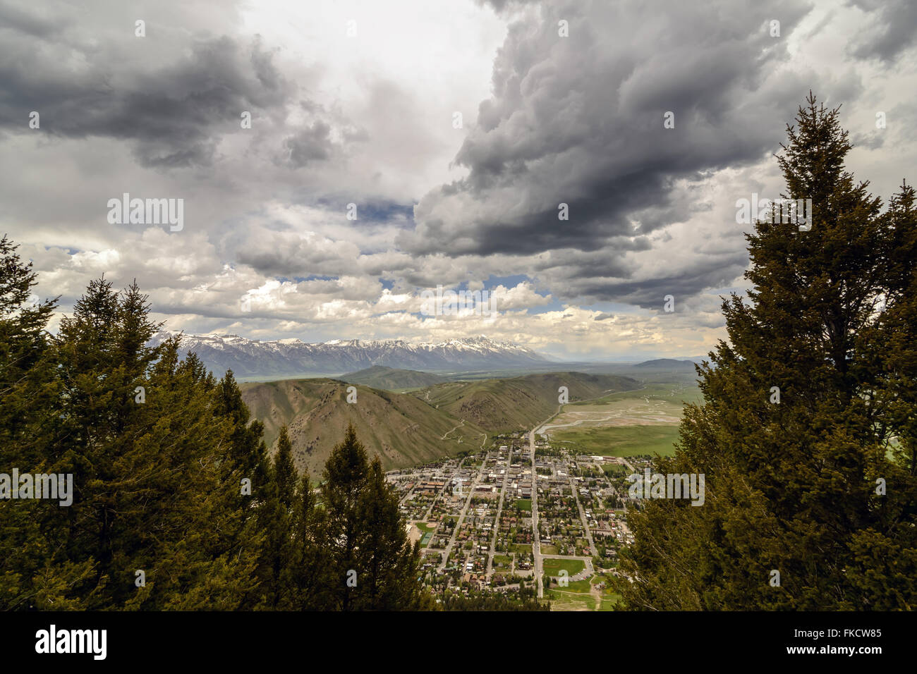 Aussicht von der Stadt von Jackson Hole. Vereinigte Staaten von Amerika, Wyoming Stockfoto