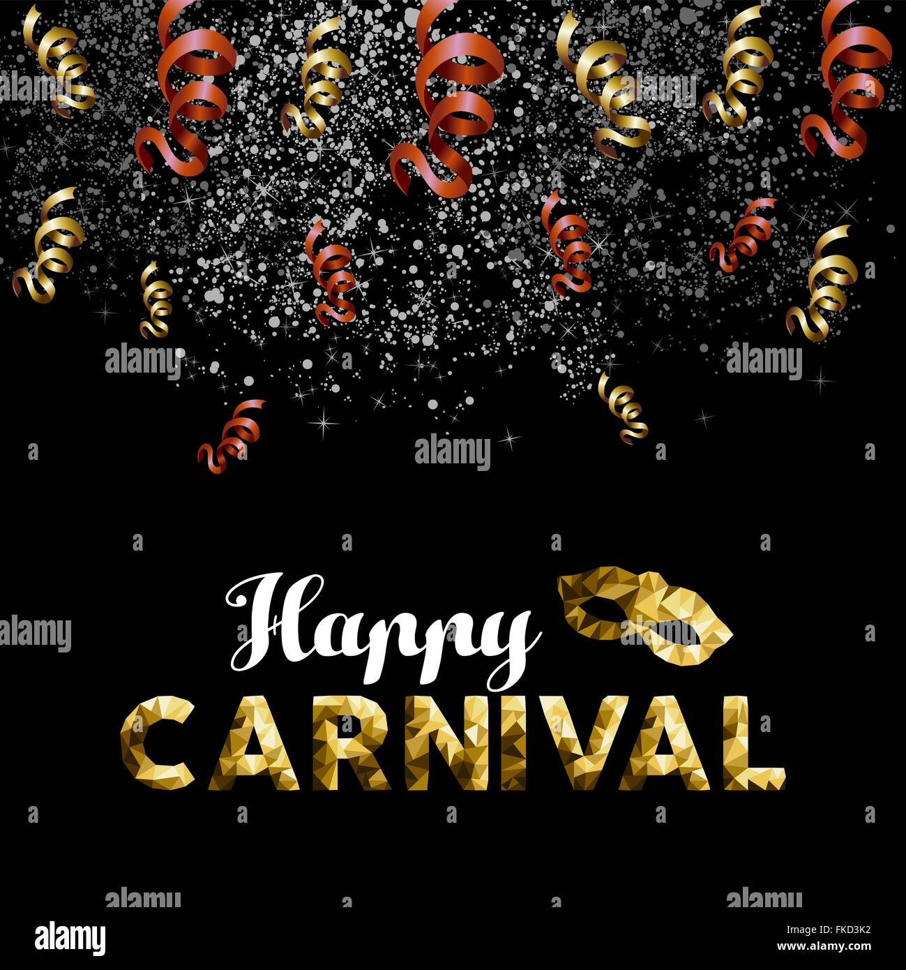 Gold Karneval low-Poly-Text mit Maske auf Konfetti und Party-Streamer-Hintergrund. EPS10 Vektor. Stock Vektor