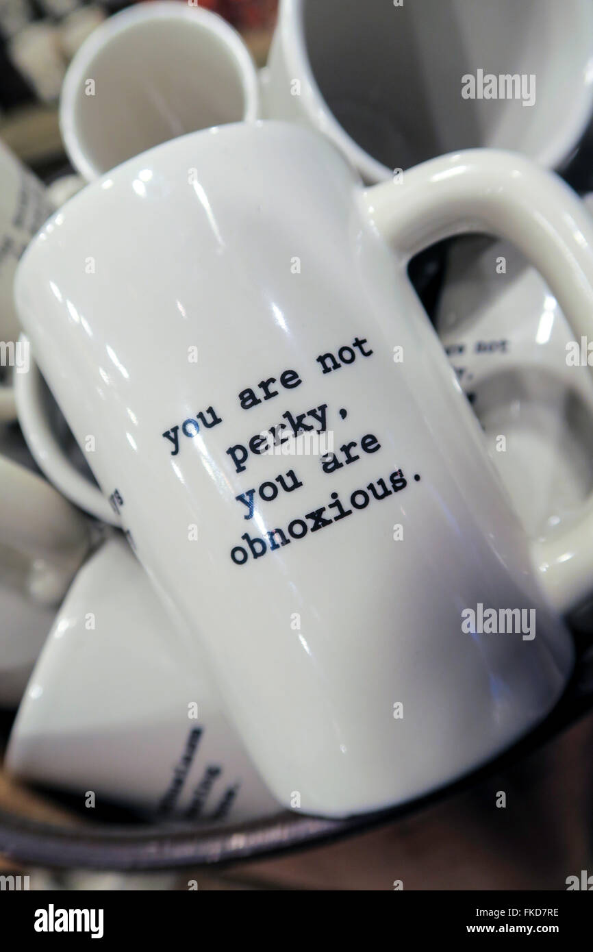 China-Tassen mit niedlichen Zitate, Fishs Eddy Home Warenspeicher, NYC Stockfoto