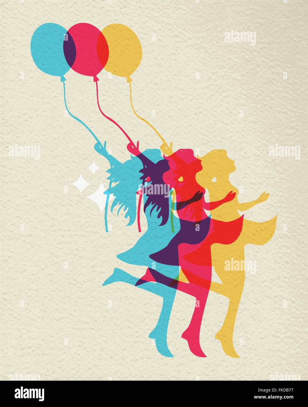 Glückliche Frau Silhouette Tanz mit Ballon, bunte Konzept Abbildung auf Textur Hintergrund. EPS10 Vektor. Stock Vektor