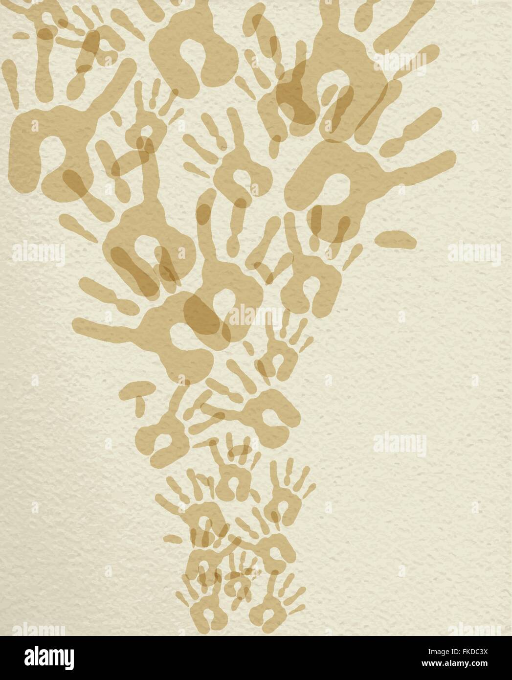 Weltgemeinschaft Hilfe Hand Illustration Handabdrücke in Sepia Farbe über strukturierten Hintergrund. EPS10 Vektor. Stock Vektor