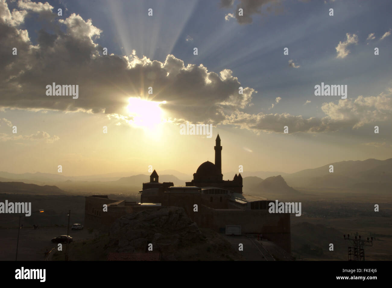 Ishak Pasa Palast bei Sonnenuntergang, in der Nähe von Dogobayazid, Türkei Stockfoto