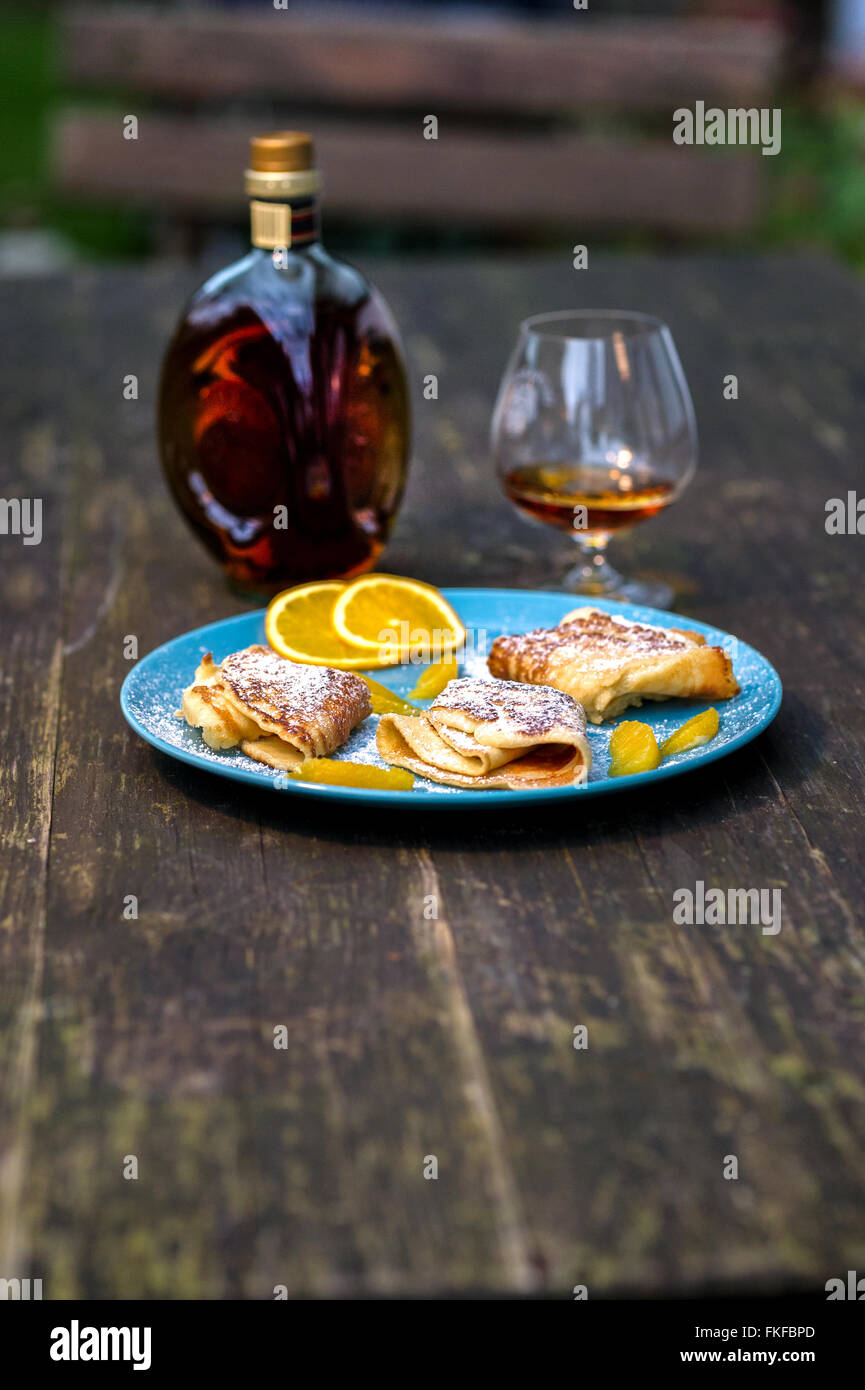 Cognac und crepes Stockfoto