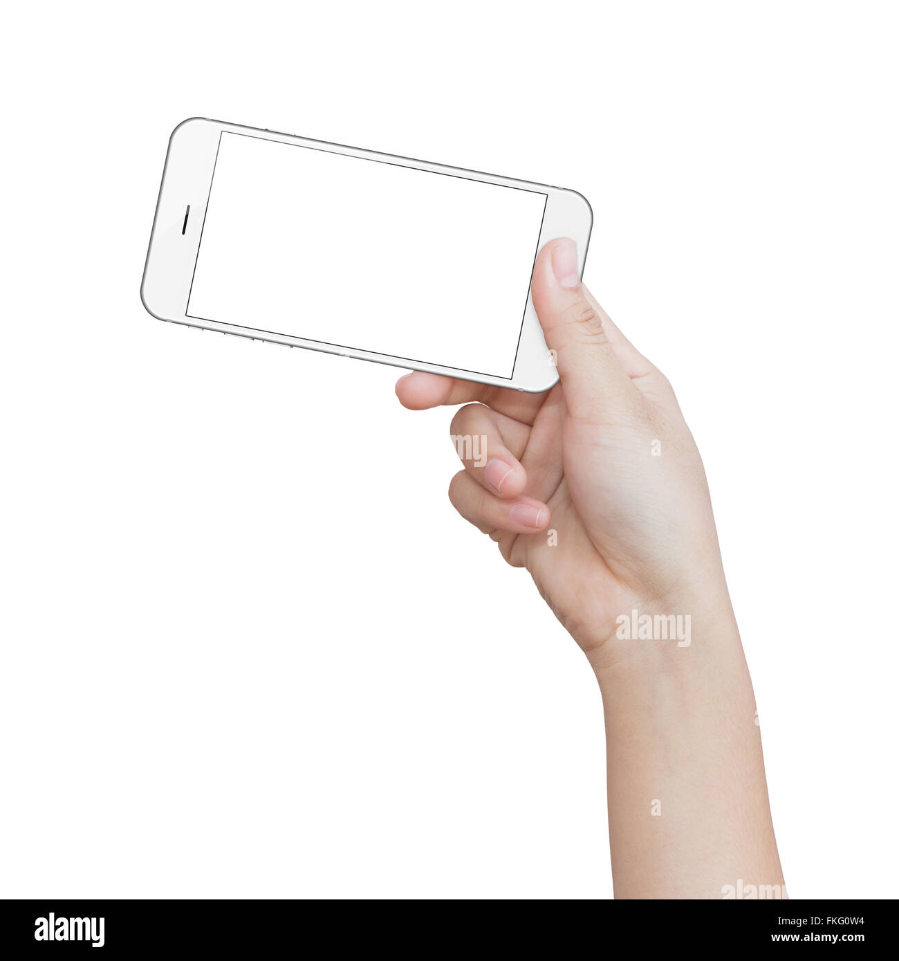 Hand, die weiße Telefon isoliert auf weißem Beschneidungspfad in Bilddaten Stockfoto