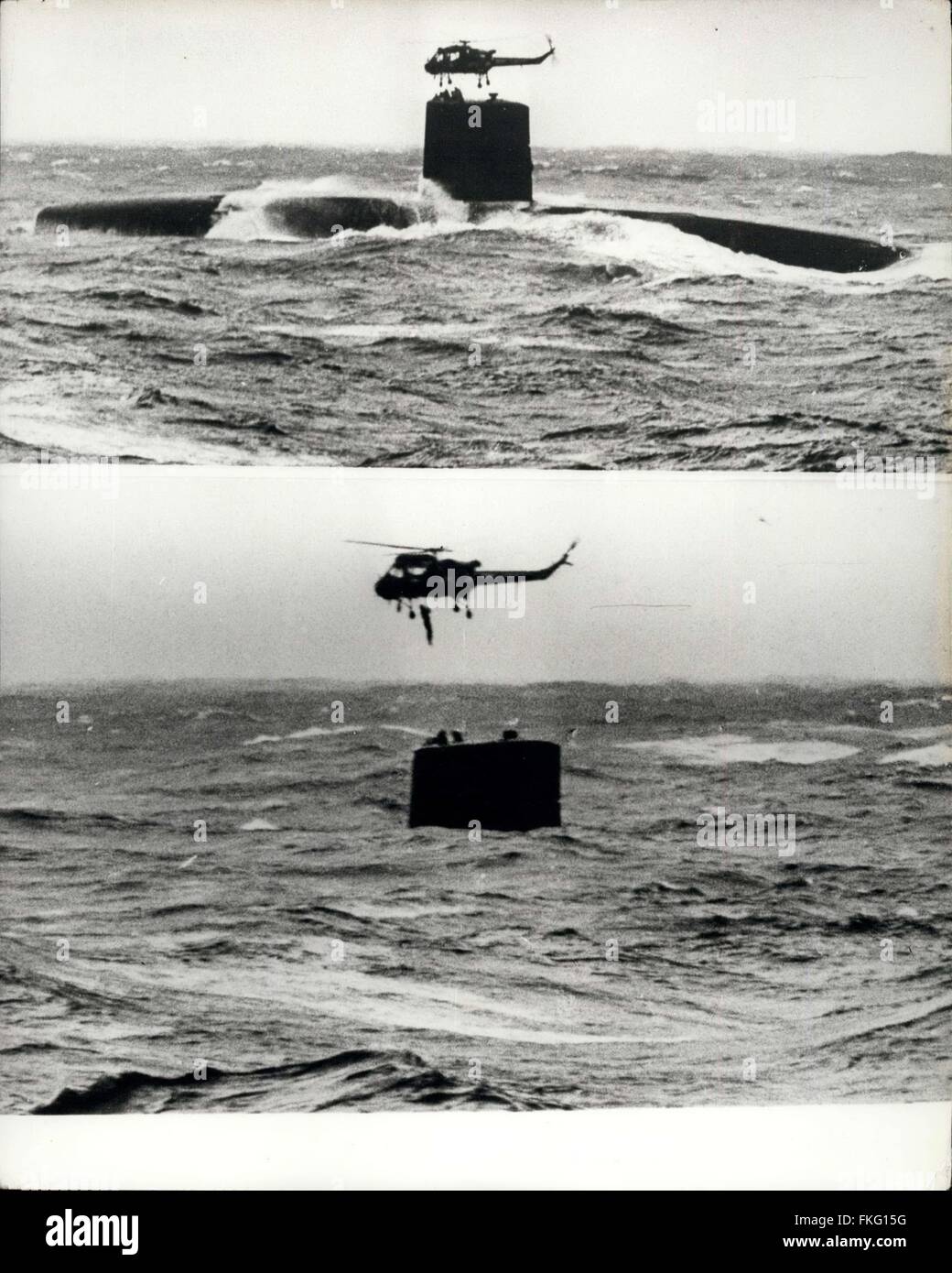 1964 - nukleare u-Boot im Atlantik Drama.: im nordwestlichen Atlantik 8 Sturm zwingen, schwebt über dem nuklearen betriebene Flotte u-Boot HMS Courageous ausziehen eine kranke Bewertung. Der Patient wurde auf Harmione übertragen und ins Krankenhaus in das u-Boot-Basis in Faslane bei 26 Knoten bei starkem Seegang. HMS Hermione ist auf dem Weg nach London auf einer Mission, '' the Navy erfüllen '' © Keystone Bilder USA/ZUMAPRESS.com/Alamy Live News Stockfoto