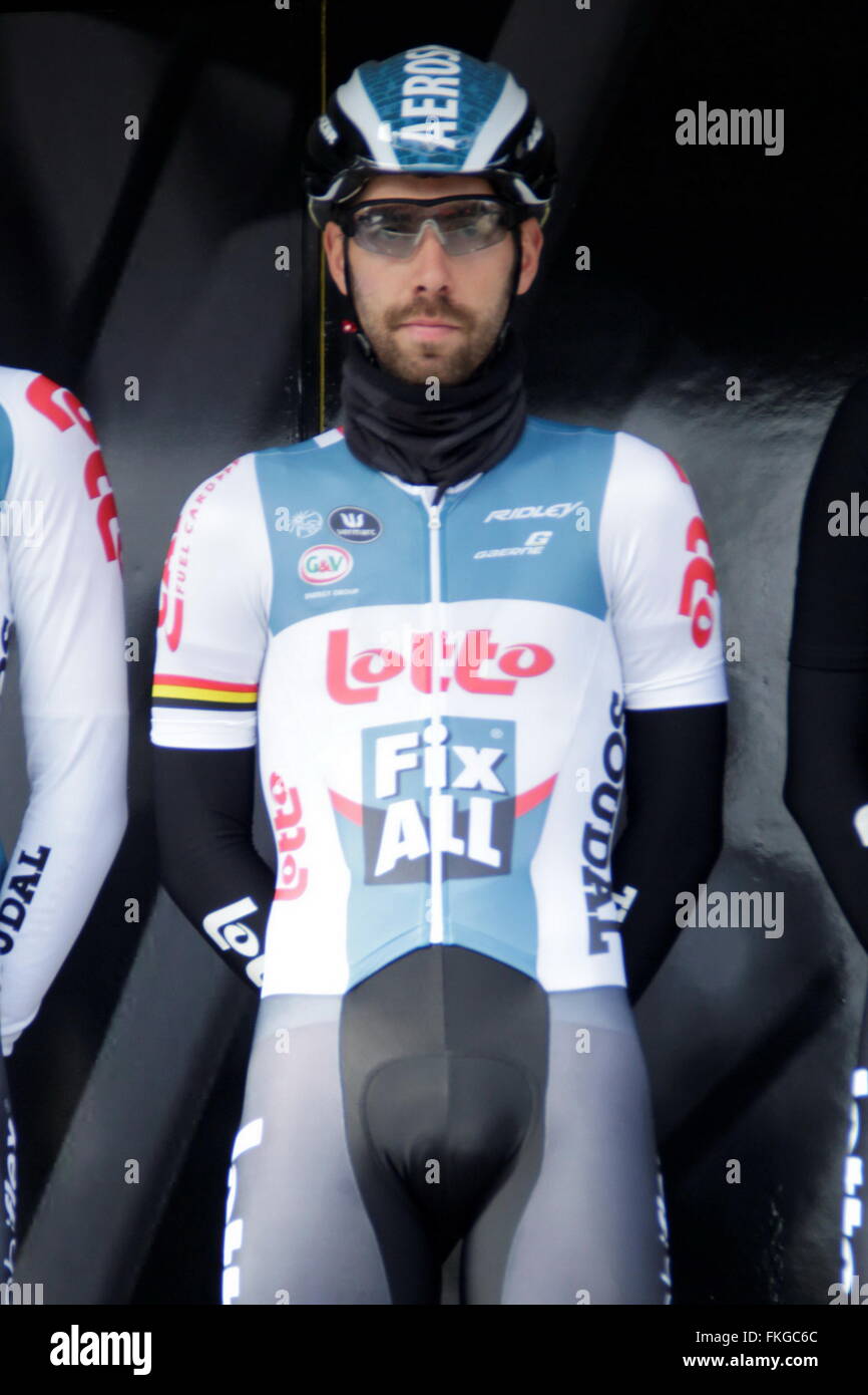 Thomas De Gendt, auf das Podium in der ersten Phase von Paris - Nizza 7. März 2016 in Condé-Sur Vesgre, Frankreich Stockfoto