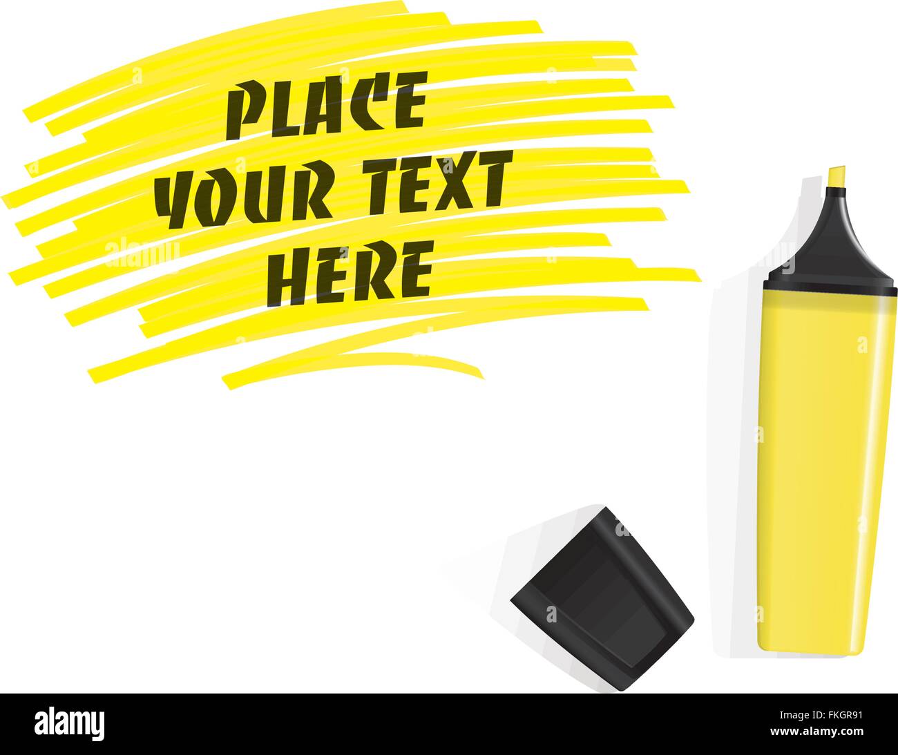 Realistische gelbe Textmarker und Kappe auf weißem Hintergrund. Kritzelte Feld für Text. Stock Vektor