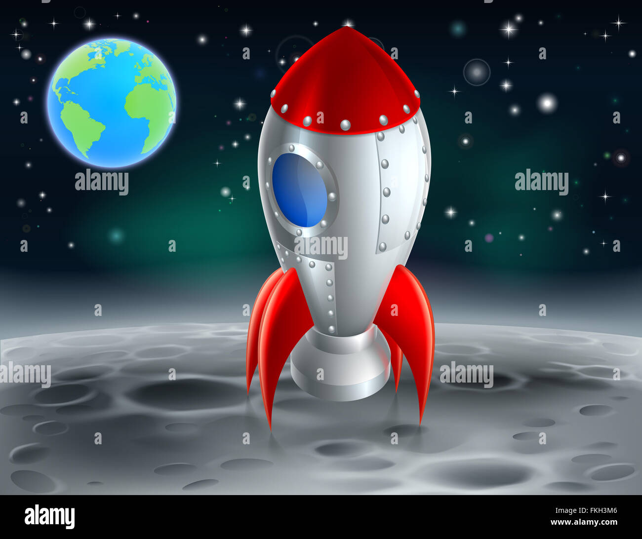 Eine Abbildung eines Cartoon retro Rocket Raumschiff oder Raumschiff landete auf Erden Mond mit der Erde im Hintergrund Stockfoto