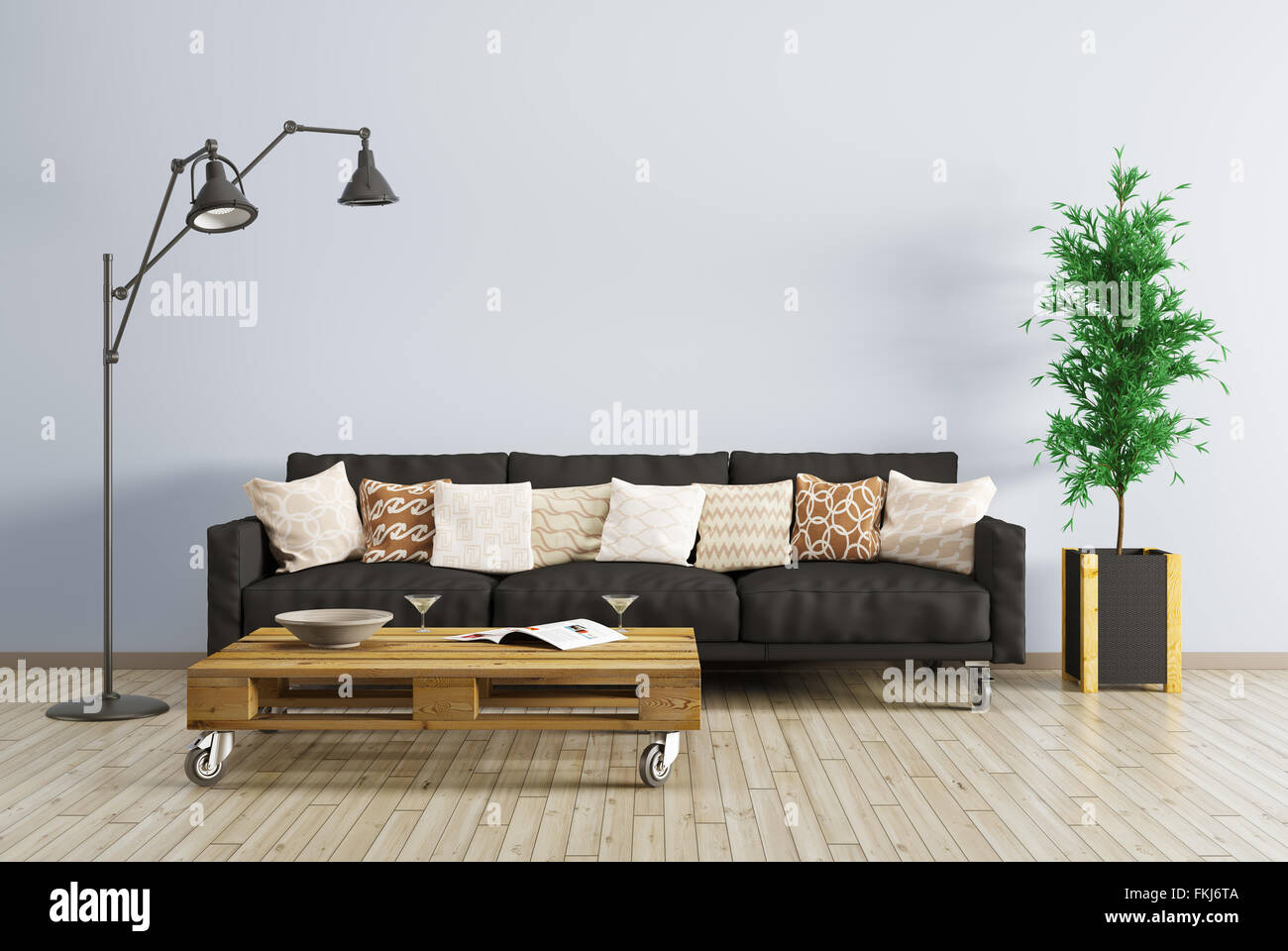 Modernes Interieur aus Wohnzimmer mit schwarzes Sofa, Stehleuchte und Couchtisch 3D-Rendering Stockfoto