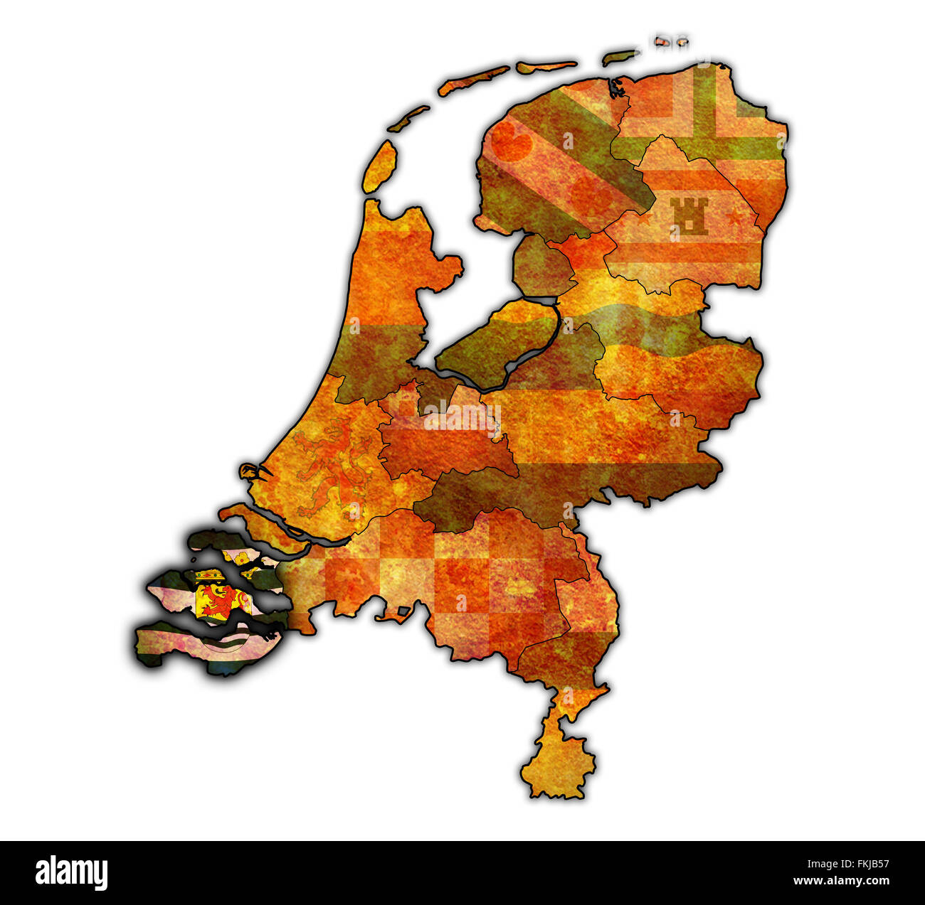 Zeeland-Flagge auf Karte mit Grenzen der Provinzen in den Niederlanden Stockfoto