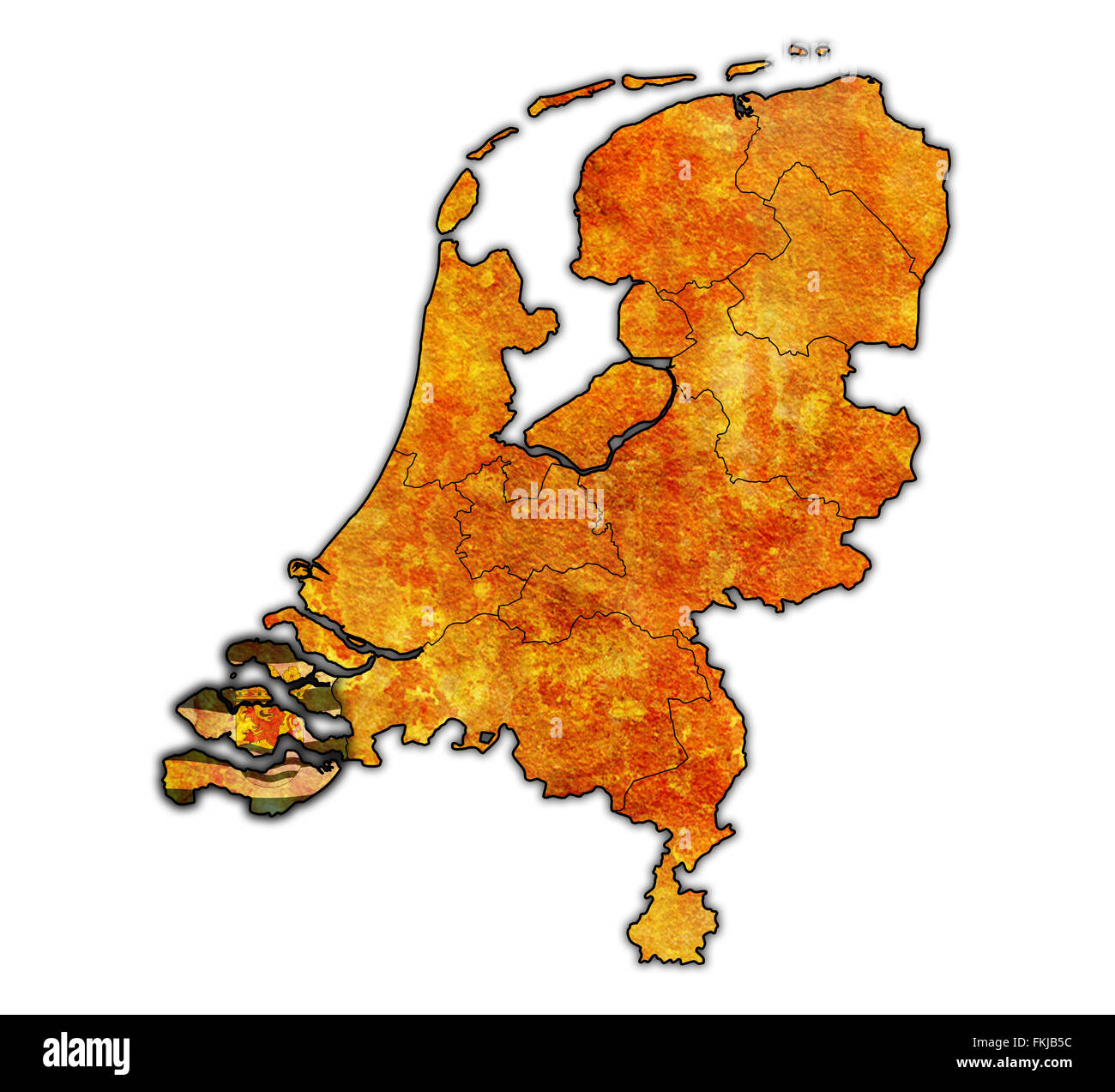 Zeeland-Flagge auf Karte mit Grenzen der Provinzen in den Niederlanden Stockfoto
