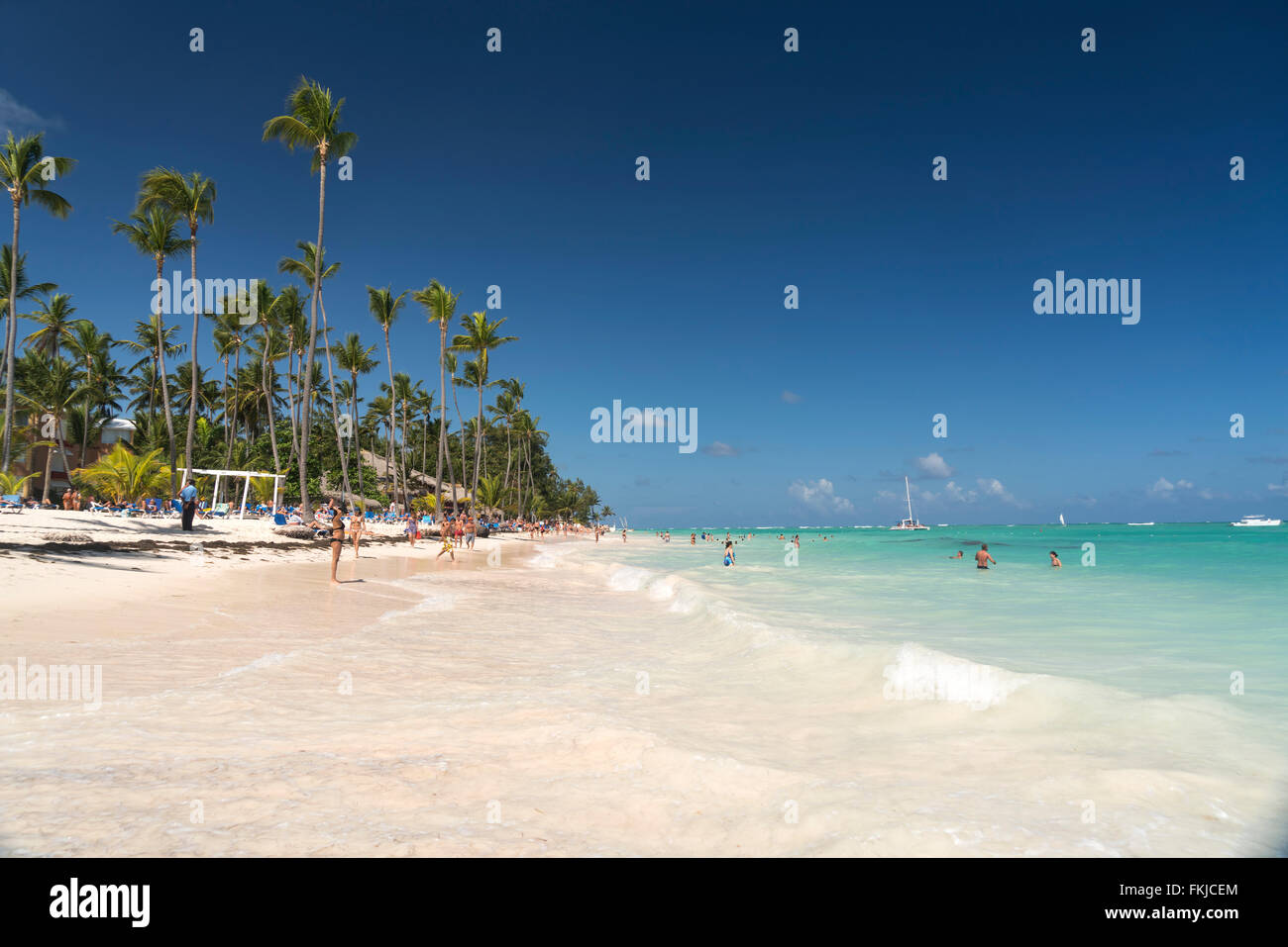 Palmen gesäumten sandigen Strand von Playa Bavaro, Punta Cana, Dominikanische Republik, Karibik, Amerika, Stockfoto