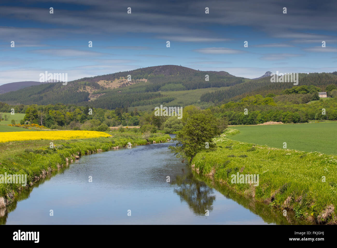 Der Fluss Don in ländlichen Aberdeenshire, Schottland mit Ackerland und Hügeln im Hintergrund Stockfoto