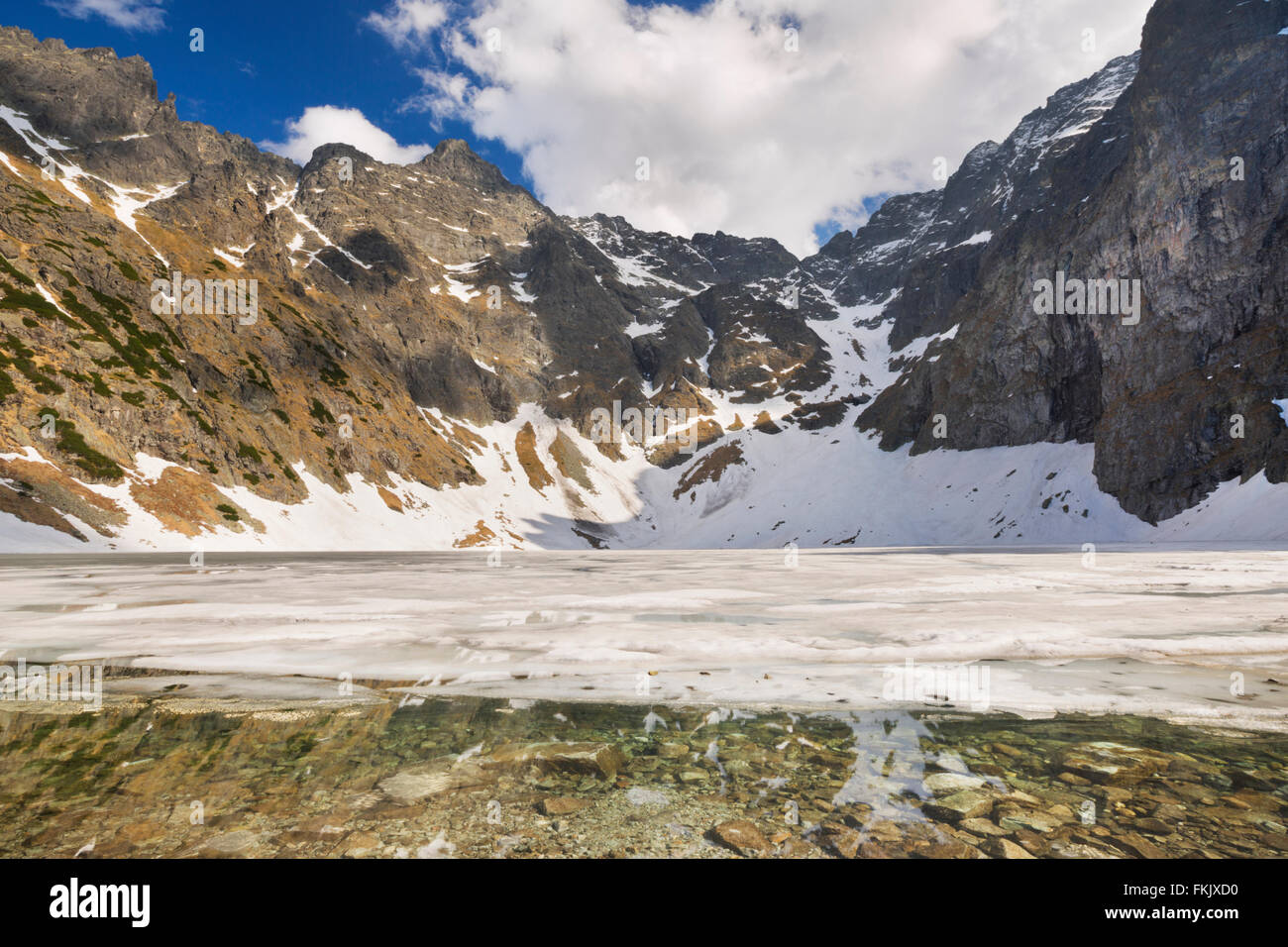 Der Czarny Staw Pod Rysami See und Berg Rysy in der hohen Tatra in Polen an einem sonnigen Tag. Stockfoto
