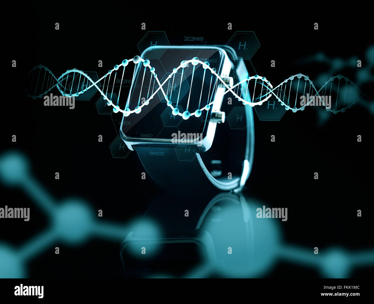 Nahaufnahme eines schwarzen Smartwatch über DNA-Moleküle Stockfoto