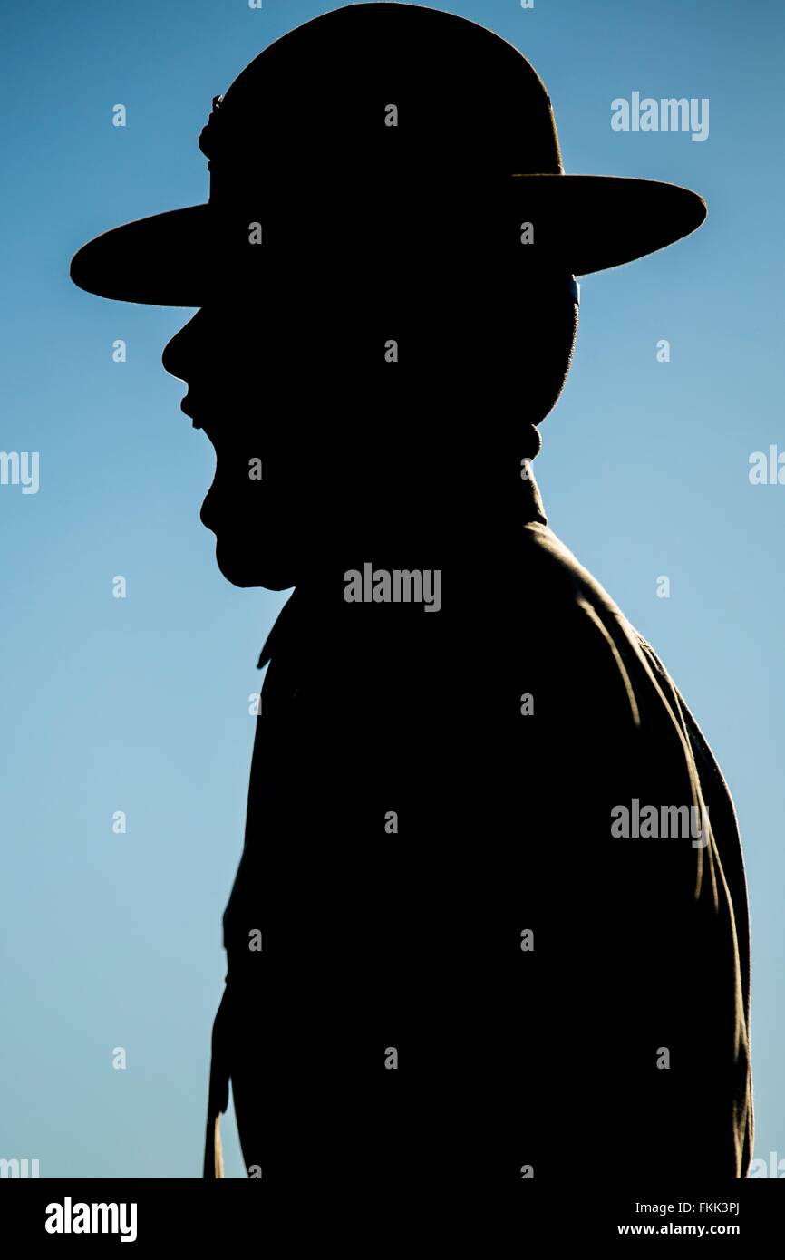 Ein US-Marine Drill Instructor ist Silhouette, wie er Rekruten während einer ersten Bohrer Bewertung 7. März 2016 in Parris Island, South Carolina schreit. Parris Island wurde die Website des Marinekorps-Rekrut-training seit 1915 und mehr als 19.000 Rekruten kommen jährlich auf die Insel. Stockfoto