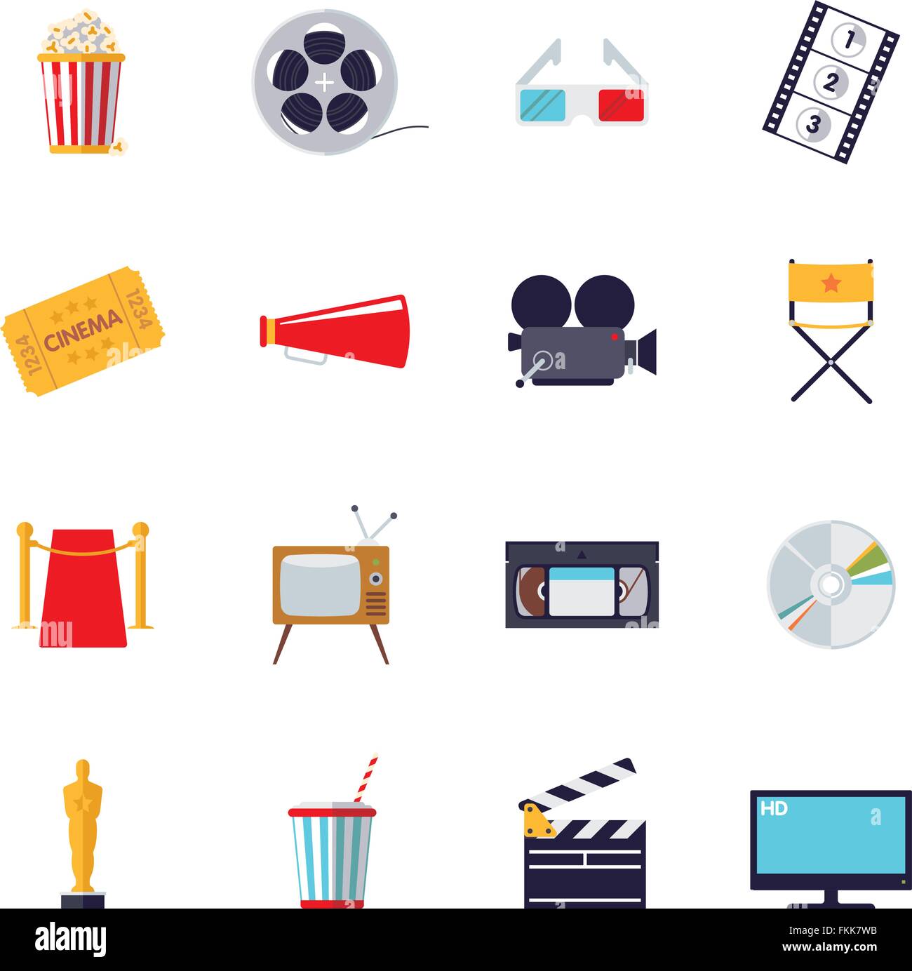 Flaches Design Kino und Film unter dem Motto Vektor-Icons isoliert auf weißem Hintergrund Stock Vektor