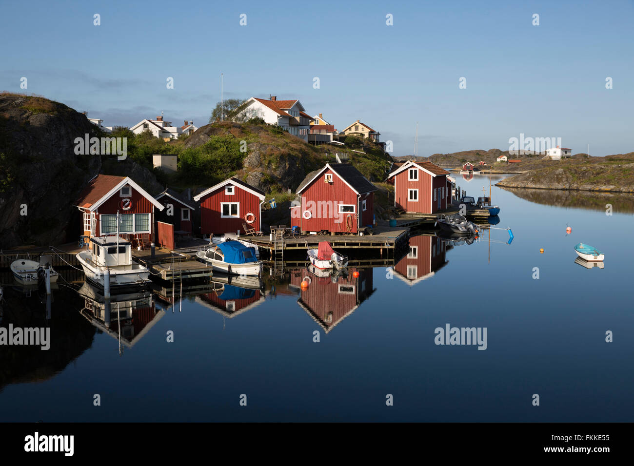 Traditionelle Falu rot Fischerhäuser, Stocken, Orust, Bohuslän-Küste, Süd-West Schweden, Schweden, Skandinavien, Europa Stockfoto
