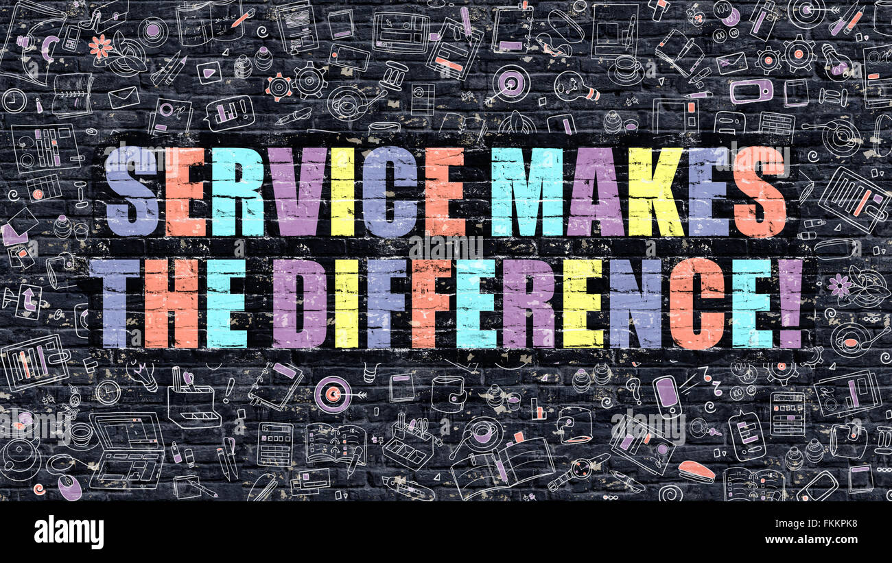 Service macht den Unterschied mit Doodle Design-Ikonen. Stockfoto