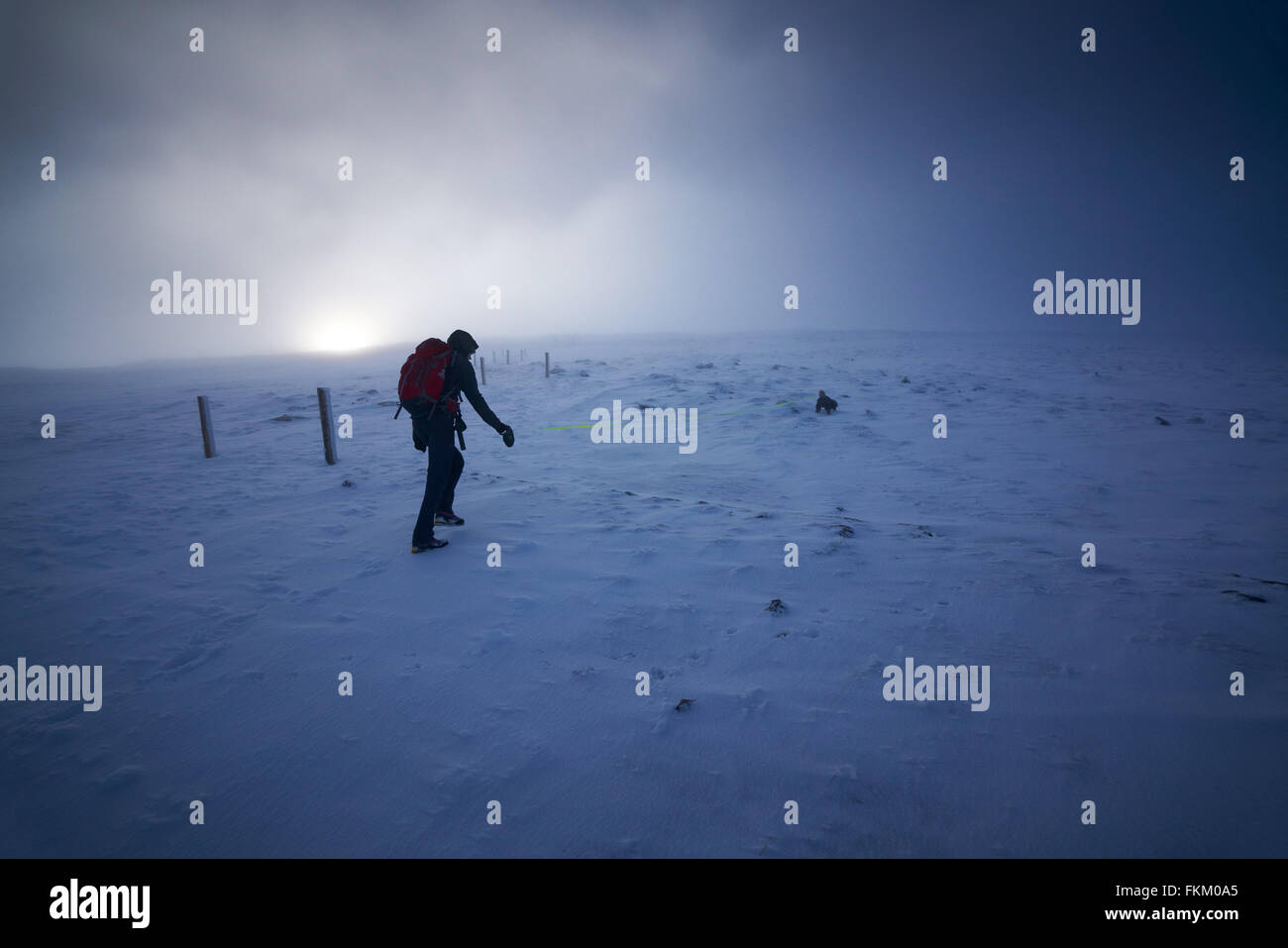 Ein Wanderer und ihr Hund nähert sich des Gipfels des Cairn Gorm wie die Kämpfe der Sonne durch die Wolken, die schottischen Highlands, UK. Stockfoto