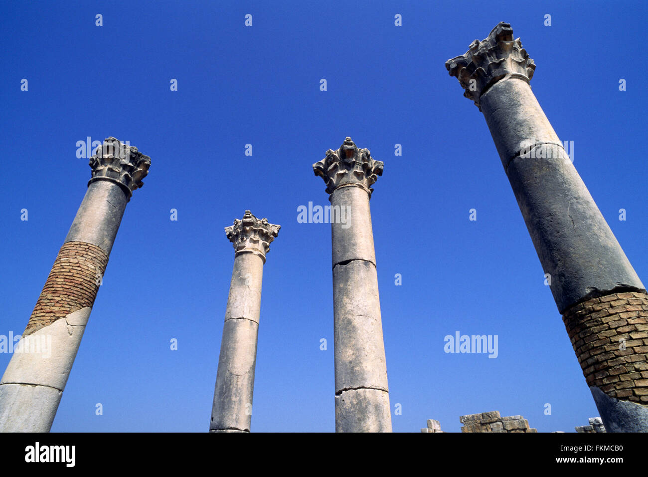 Marokko, Volubilis, antike römische Stadt, kapitolinische Tempelsäulen Stockfoto