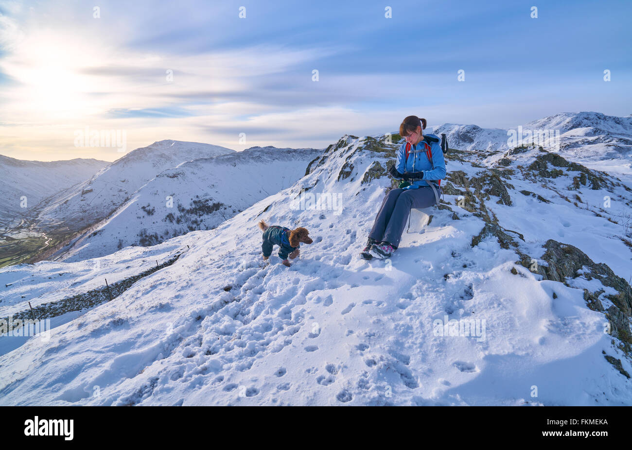 Ruhezeit für Wanderer und ihren Hund auf Hartsop oben wie, die zu Hart Crag im englischen Lake District führt. Stockfoto
