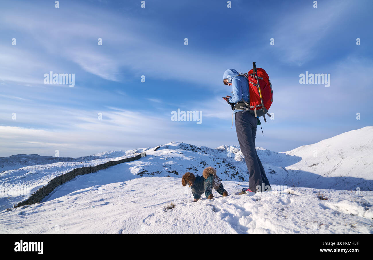Überprüfung ihrer GPS-Position auf Hartsop oben wie Wanderer, die in Richtung Hart Crag führt. Englischen Lake District. Stockfoto