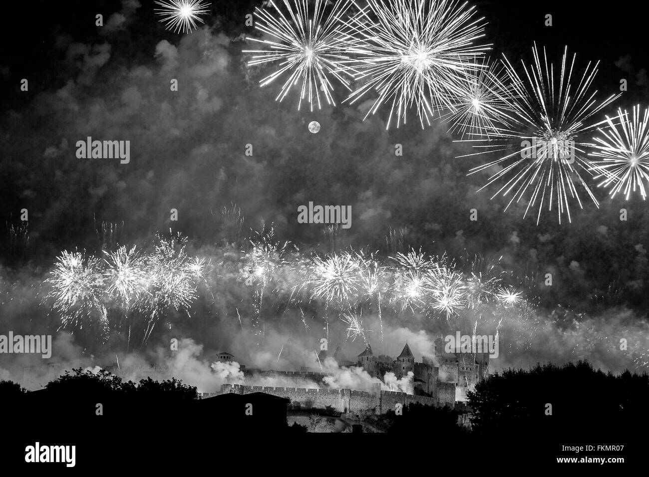 Carcassonne, Feuerwerk, zitieren, Burg, Canal Du Midi, canal, Aude, Süden, Frankreich, Europa, Bastille, Tag, 14. Juli Stockfoto