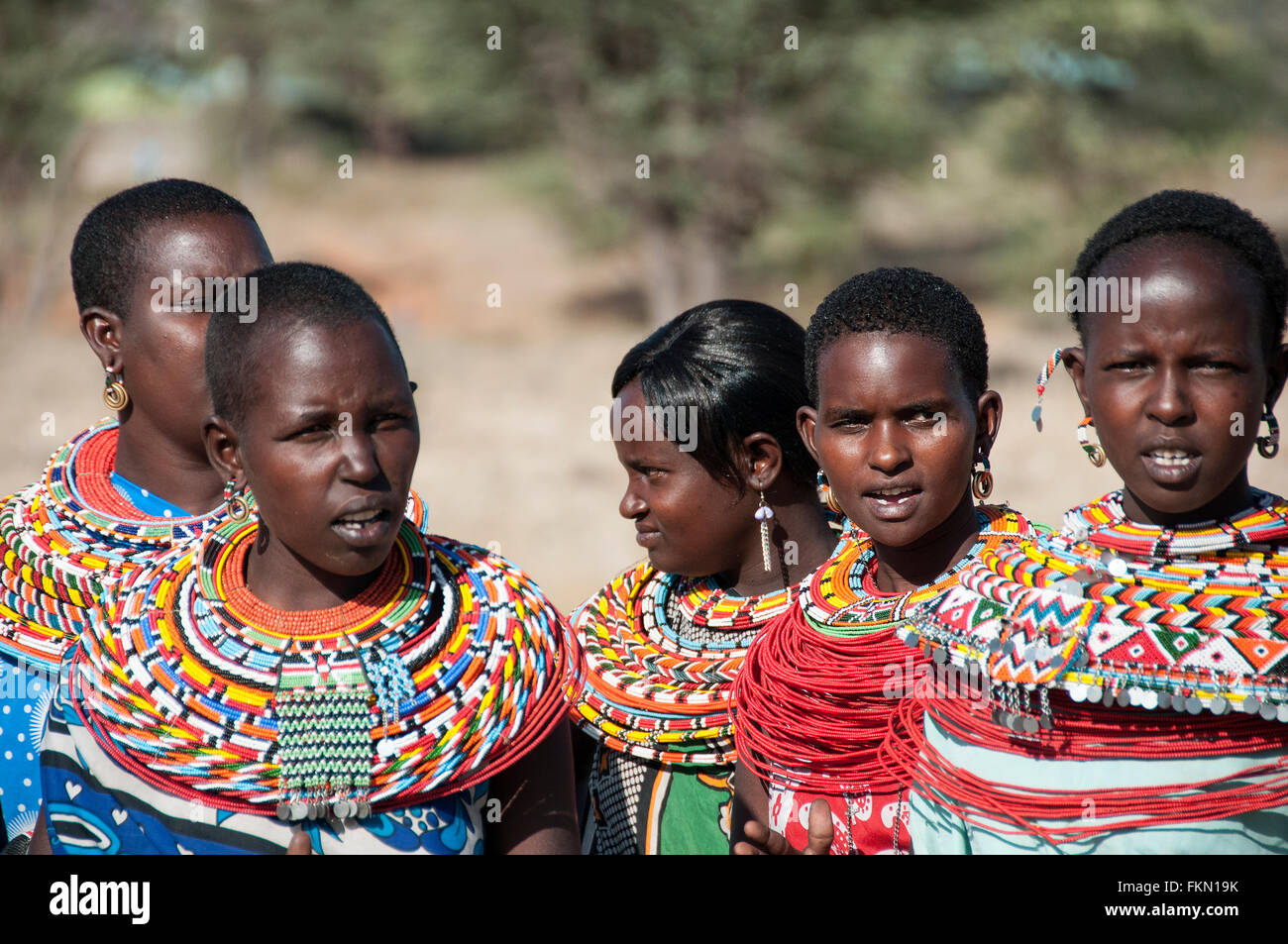 Afrikanische Samburu Stammes-Frauen in traditioneller Kleidung, Samburu National Reserve, Kenia, Ostafrika Stockfoto